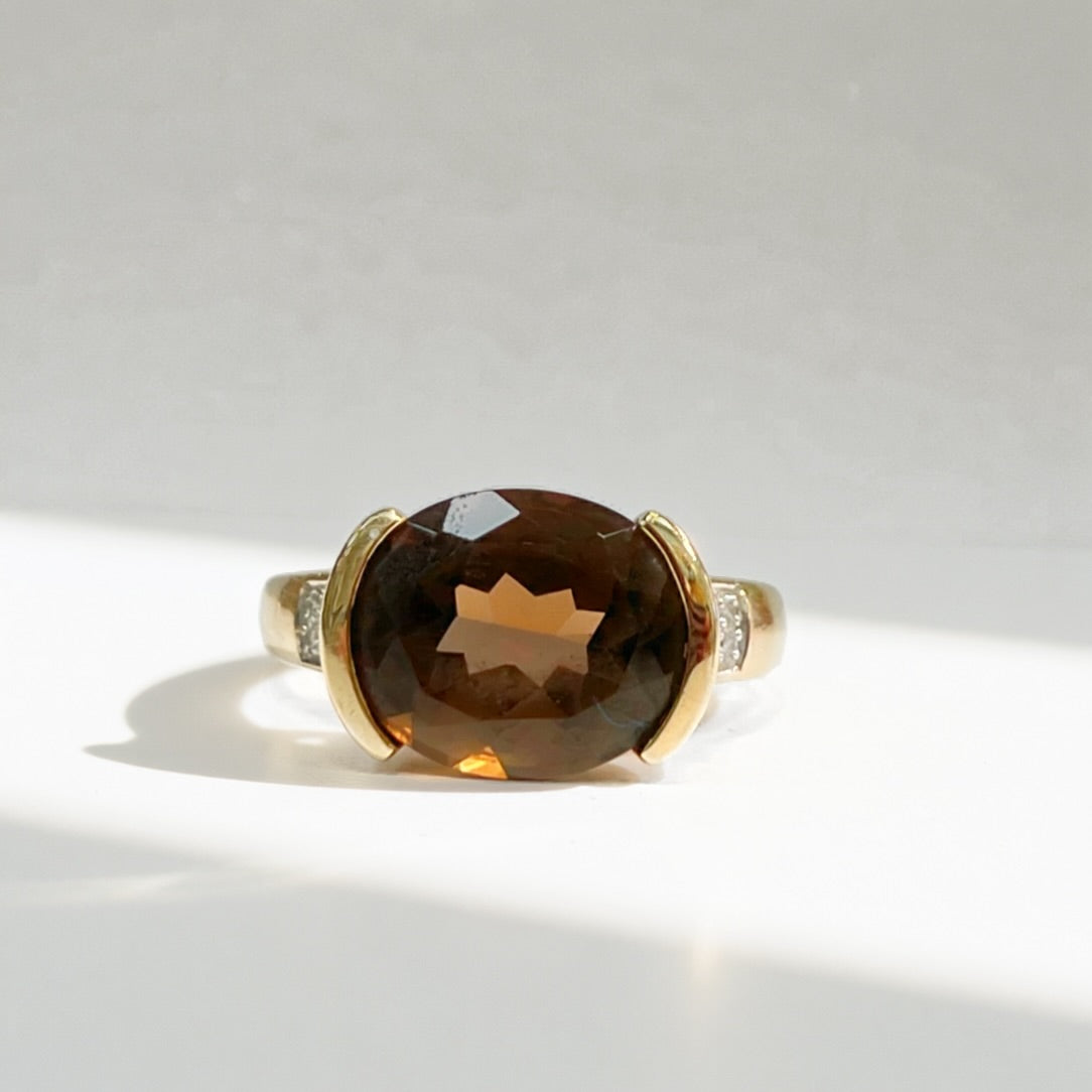 Vintage 9ct Yellow Gold Smoky Quartz and Diamond Cocktail Ring - Size M ½