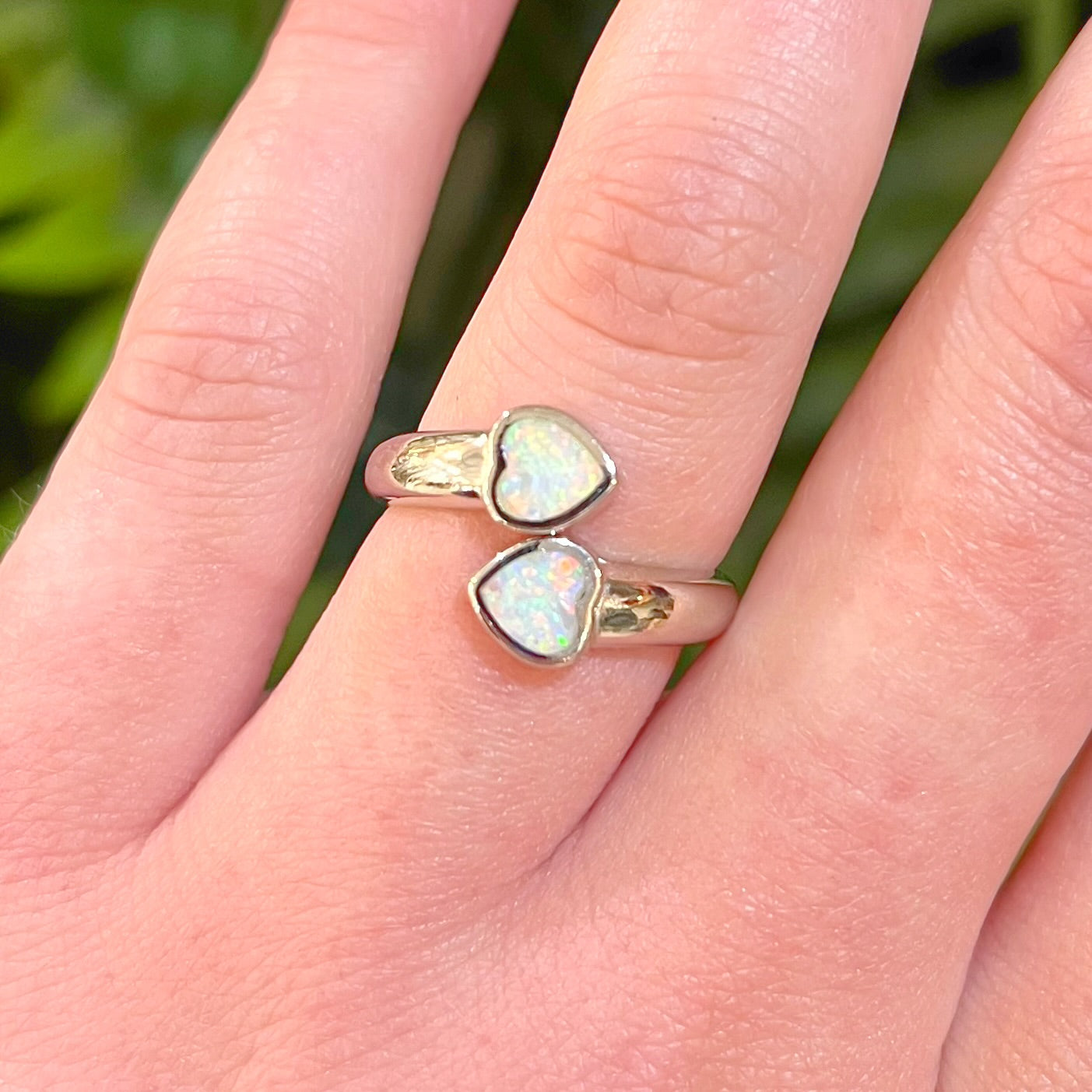 Sterling Silver Two Hearts White Opal Ring - Adjustable Size