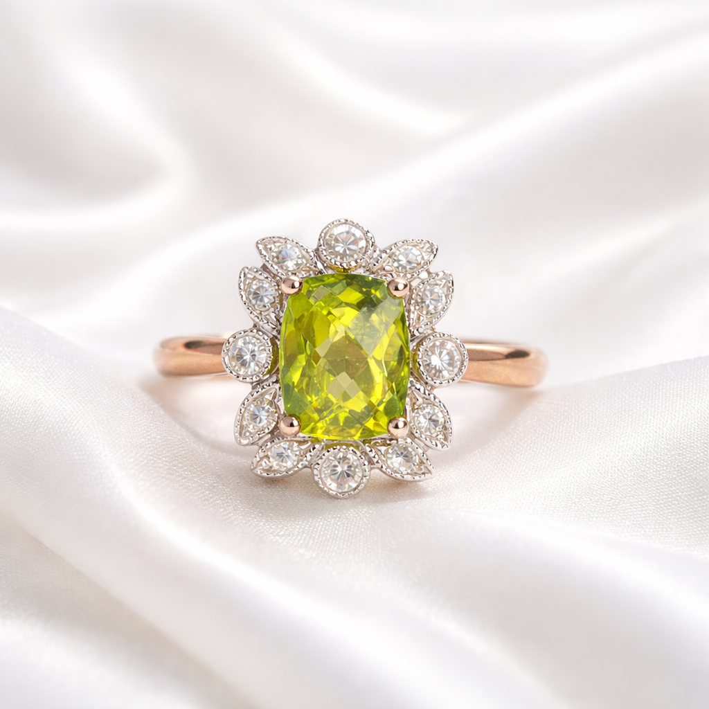 Nature Inspired Peridot and Diamond 9ct Yellow Gold Ring | Size N