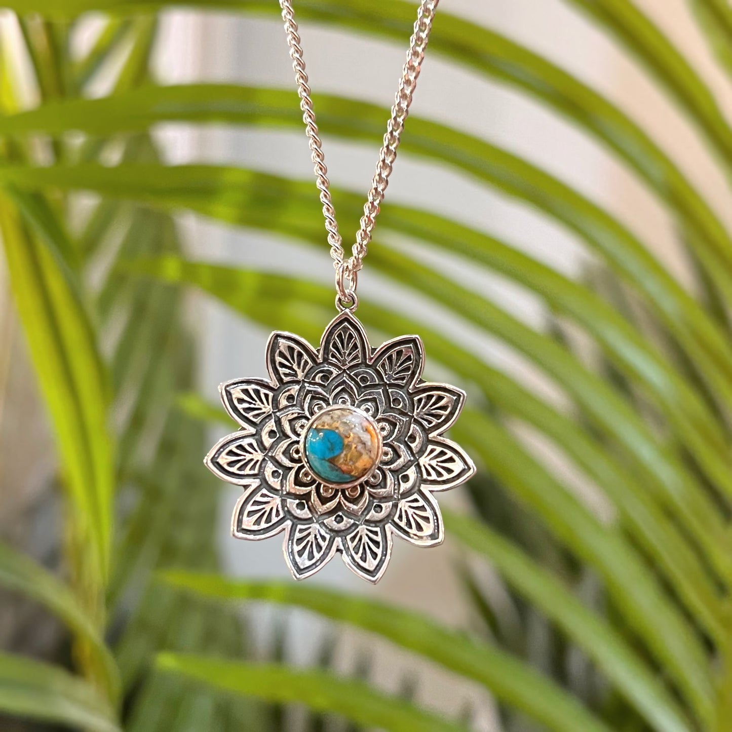 Sterling Silver Bohemian-Inspired Turquoise Mandala Necklace