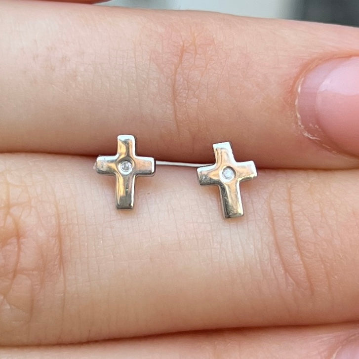 ‘D for Diamond’ Sterling Silver Mini Cross Diamond Stud Earrings