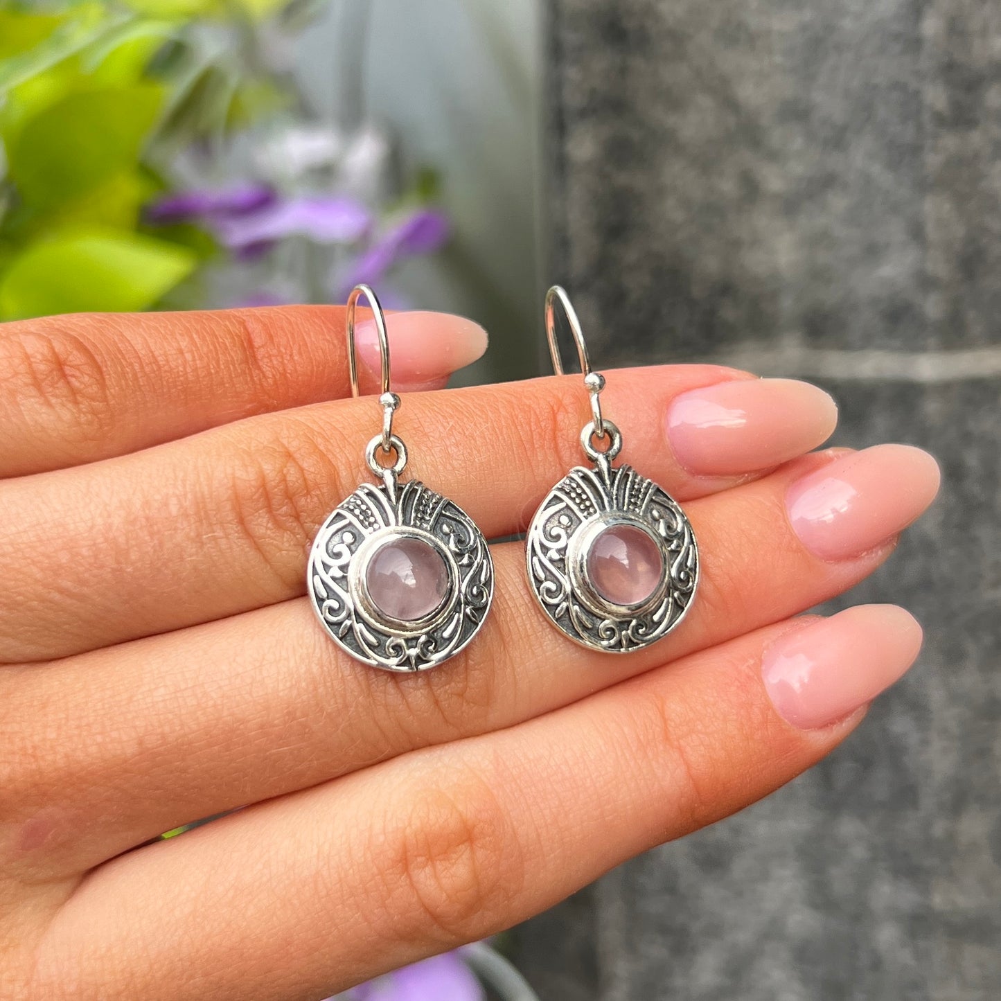 Sterling Silver Boho Pink Rose Quartz Round Drop Earrings