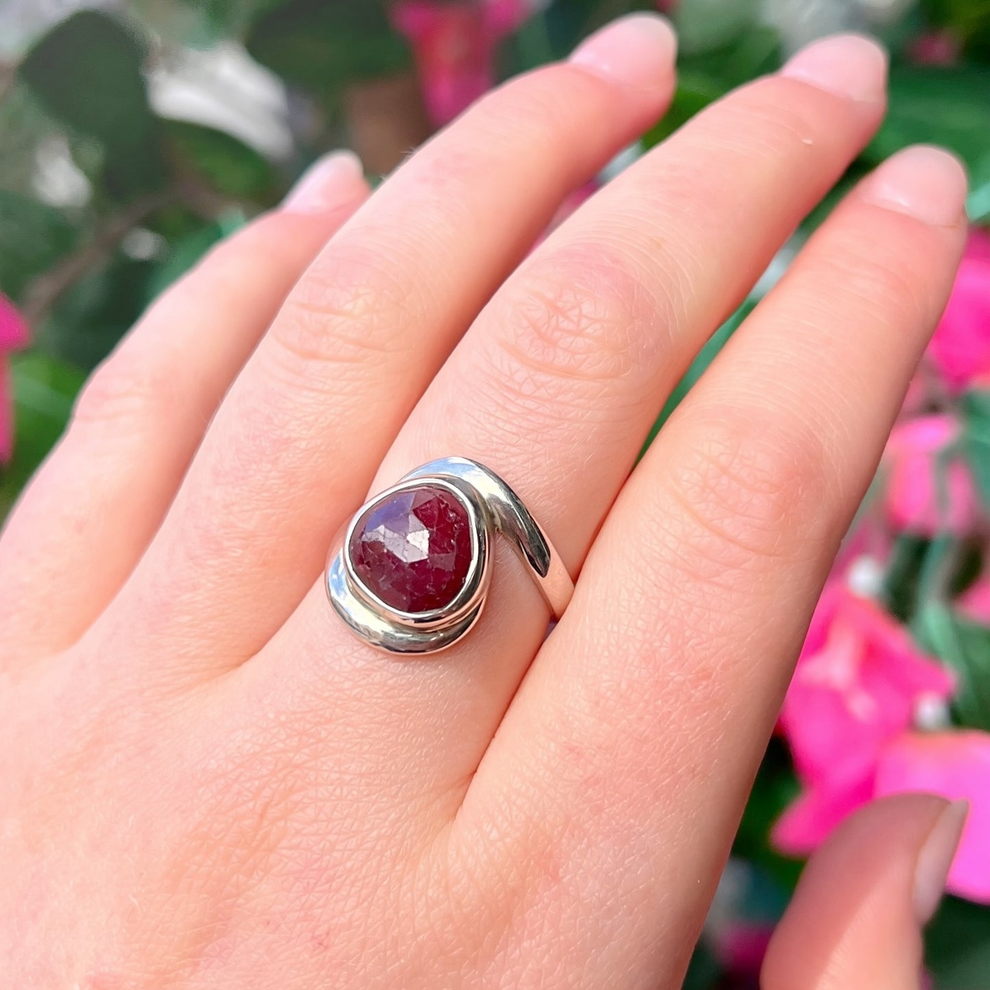 Unique Sterling Silver Ruby Twist Ring - Size P