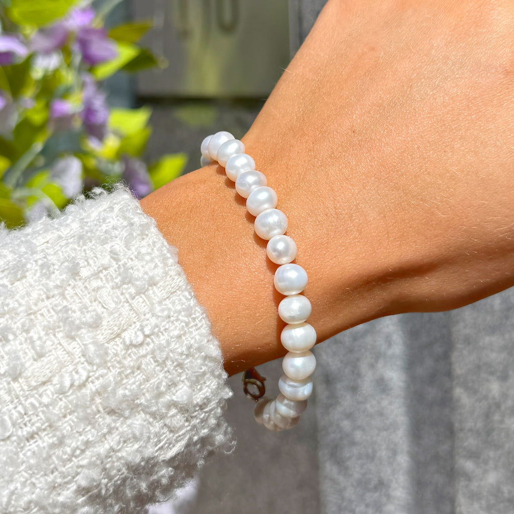 White Freshwater Pearl Beaded Sterling Silver Bracelet