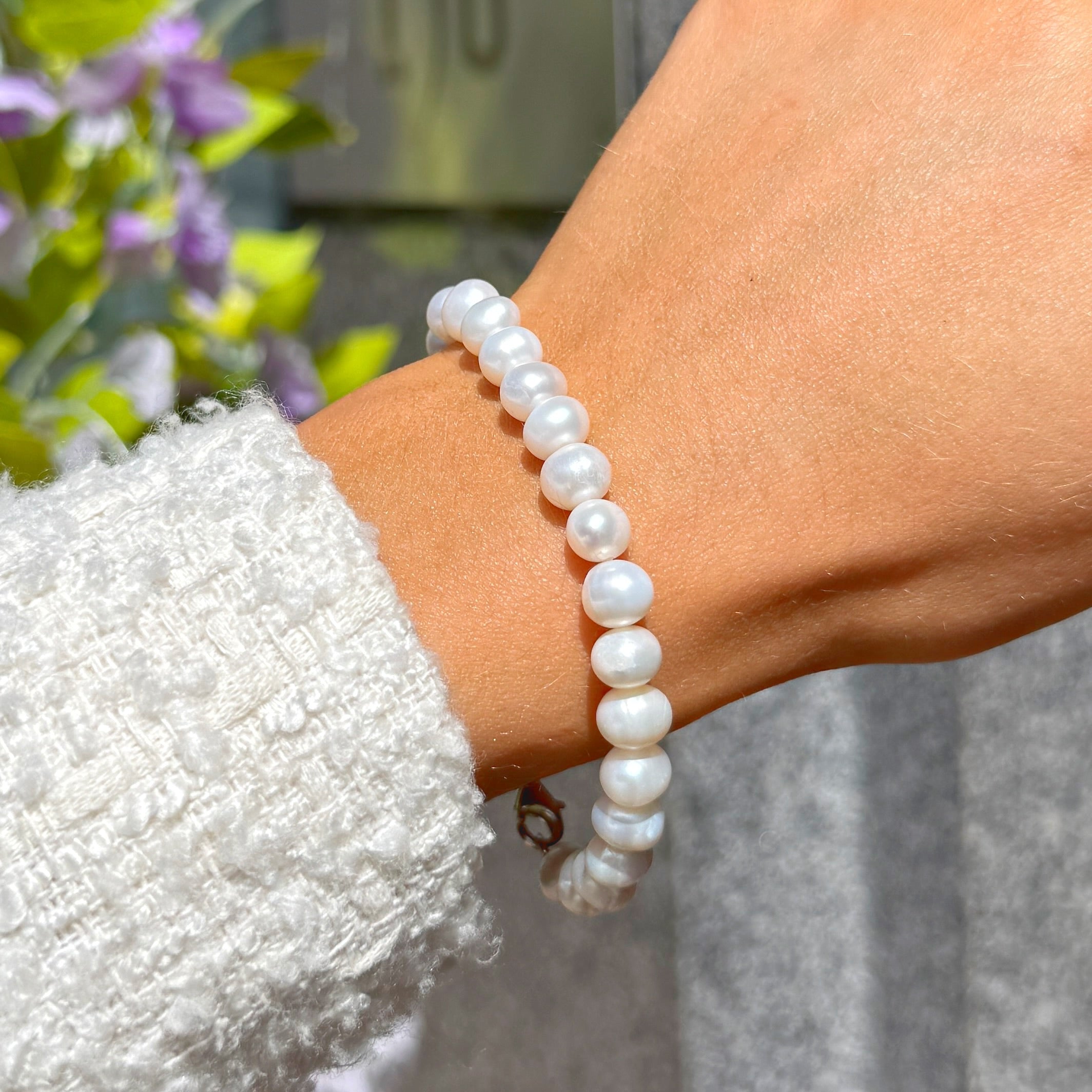 White Freshwater Pearl Beaded Sterling Silver Bracelet
