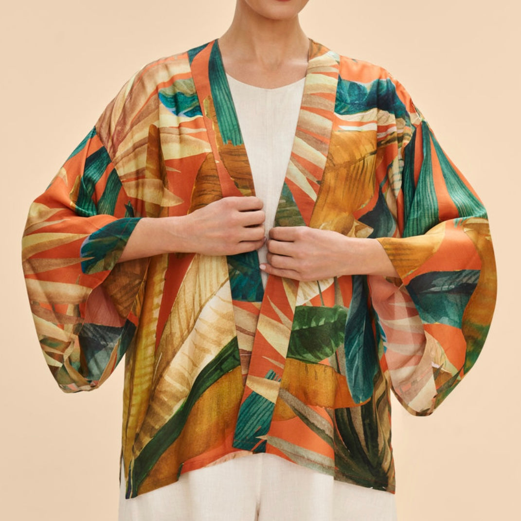 Powder Accessories Orange and Green Leaf Print Painted Palms Short Kimono Jacket