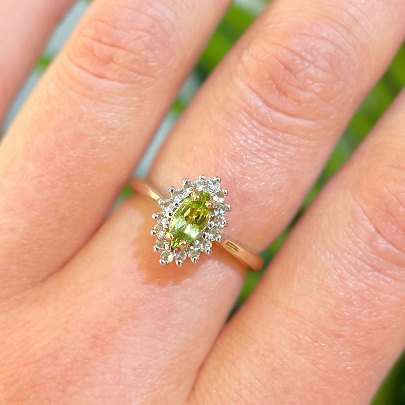 RESERVED | Vintage 9ct Yellow Gold Marquise Peridot and White Topaz Cluster Ring - Size N