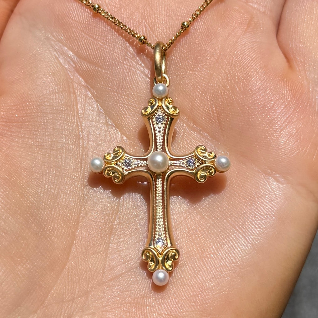 Freshwater Pearl & Cubic Zirconia 9ct Gold Plated Cross Necklace