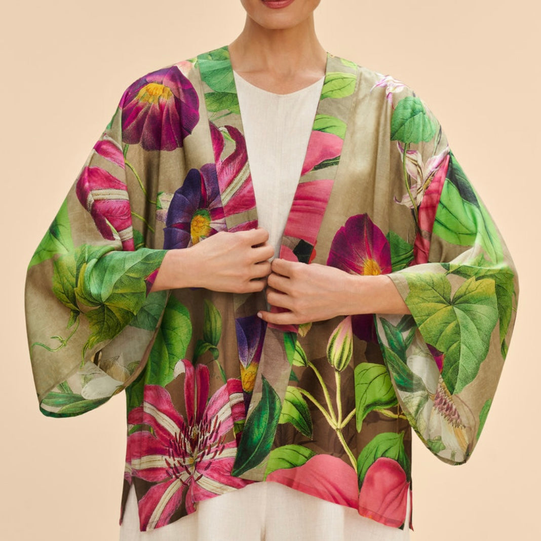 Powder Accessories Green Floral Oversized Botanicals Short Kimono Jacket