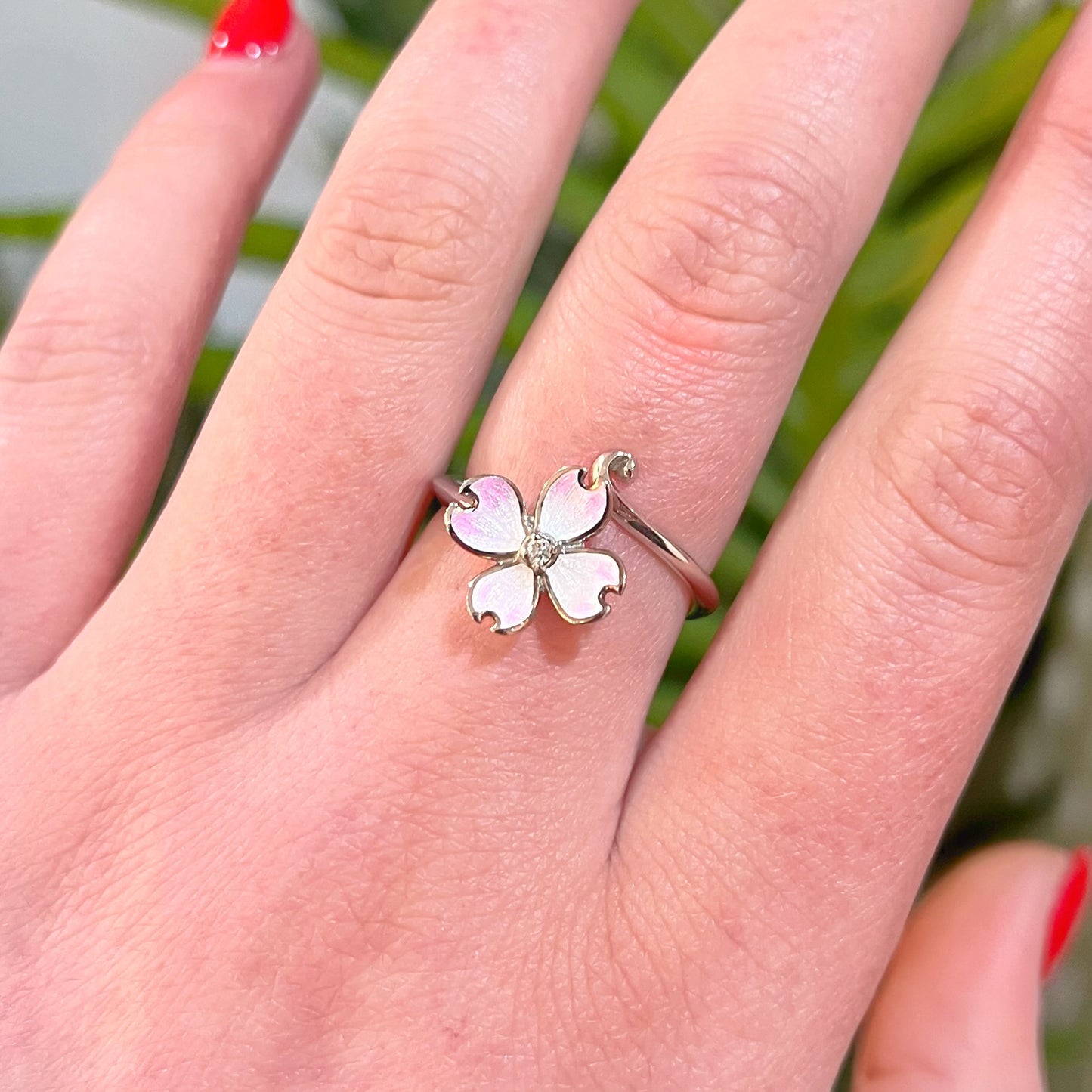 Sterling Silver Pink Enamel Flower & Diamond Ring - Adjustable Size