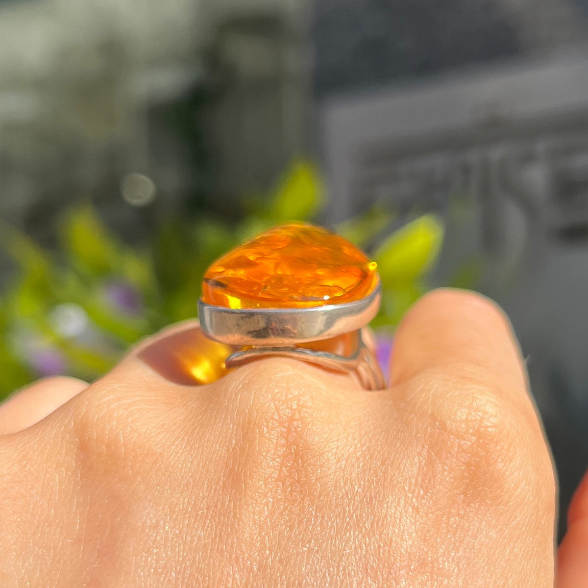 Orange Amber Sterling Silver Super Chunky Ring | Size R
