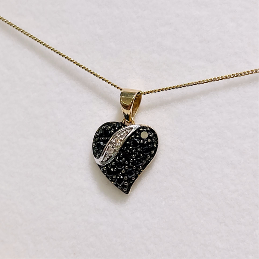 Vintage 9ct Yellow Gold Witch's Heart Black Diamond Necklace