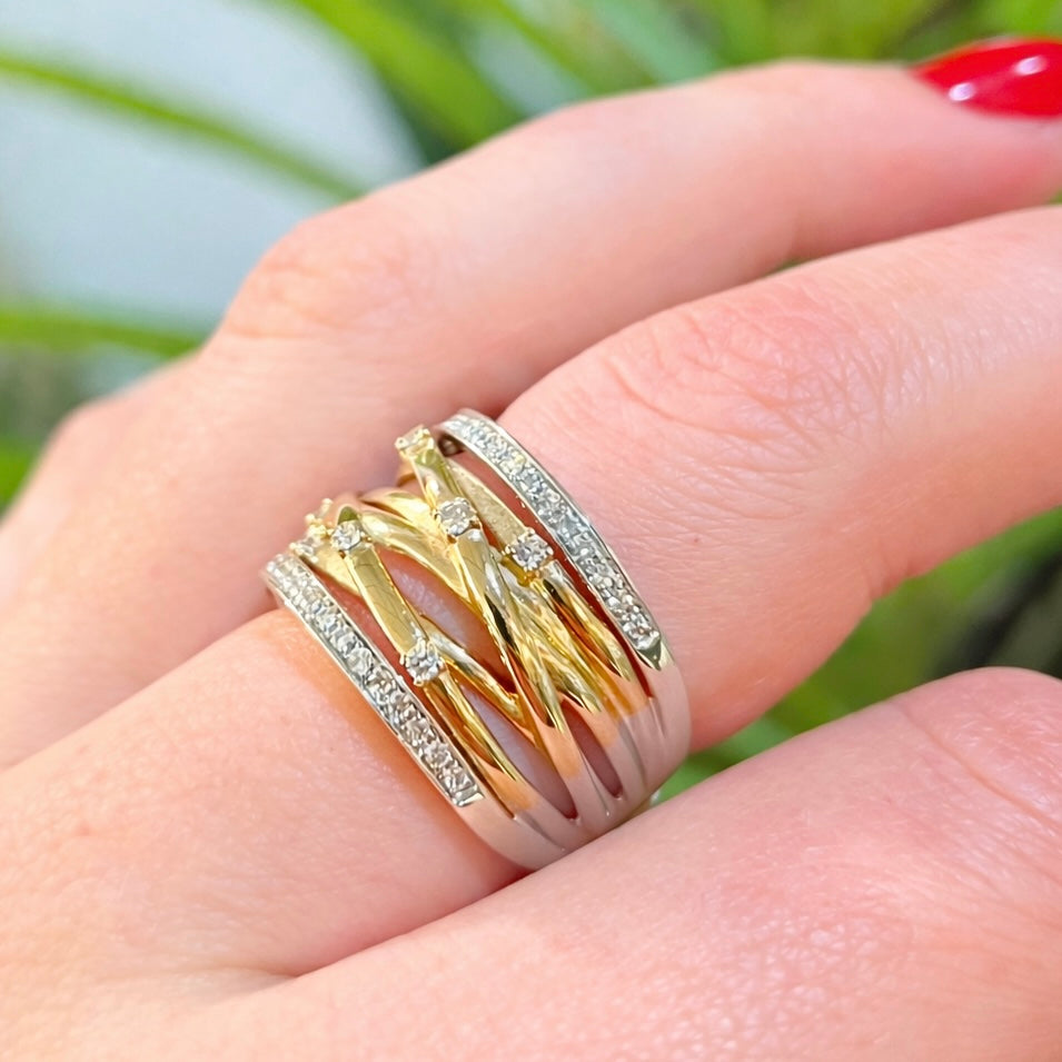 Unusual 9ct Gold Two Tone Wide Diamond Band Ring - Size O