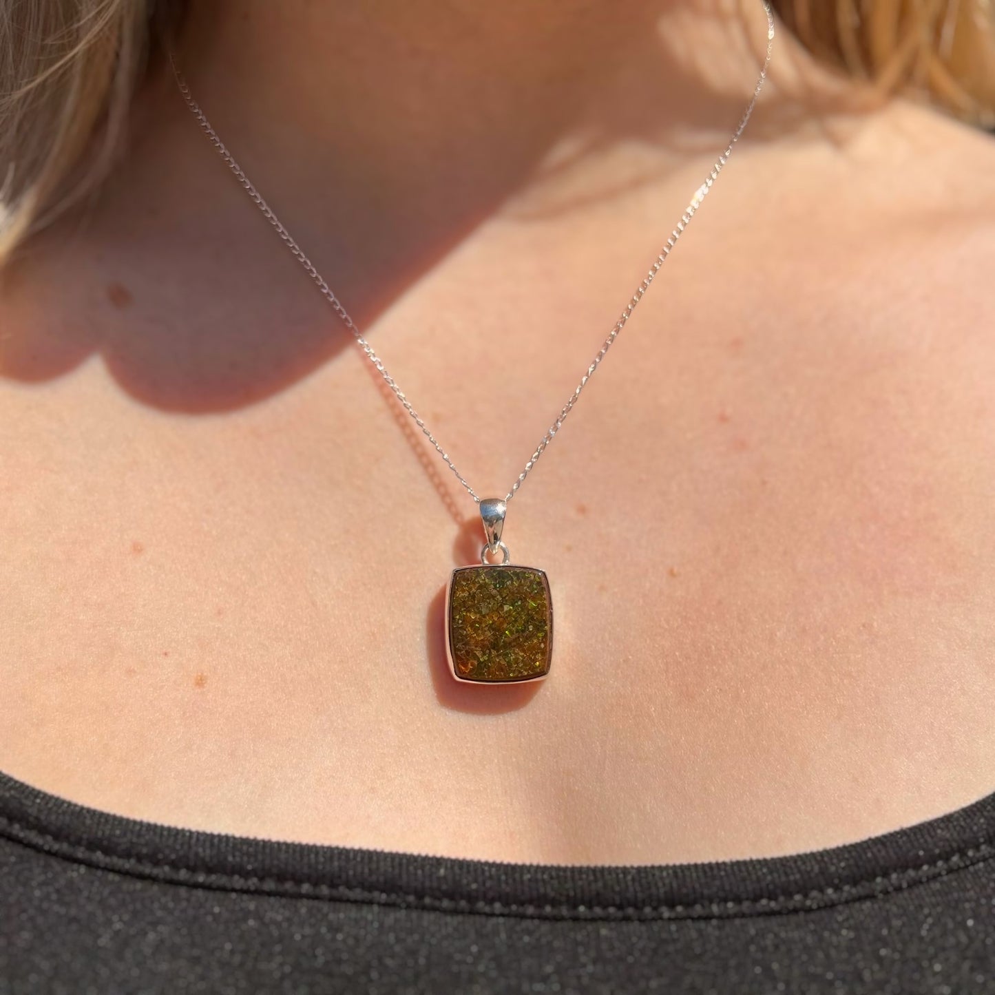 RARE Sterling Silver Fossilied Ammolite Square Shaped Necklace