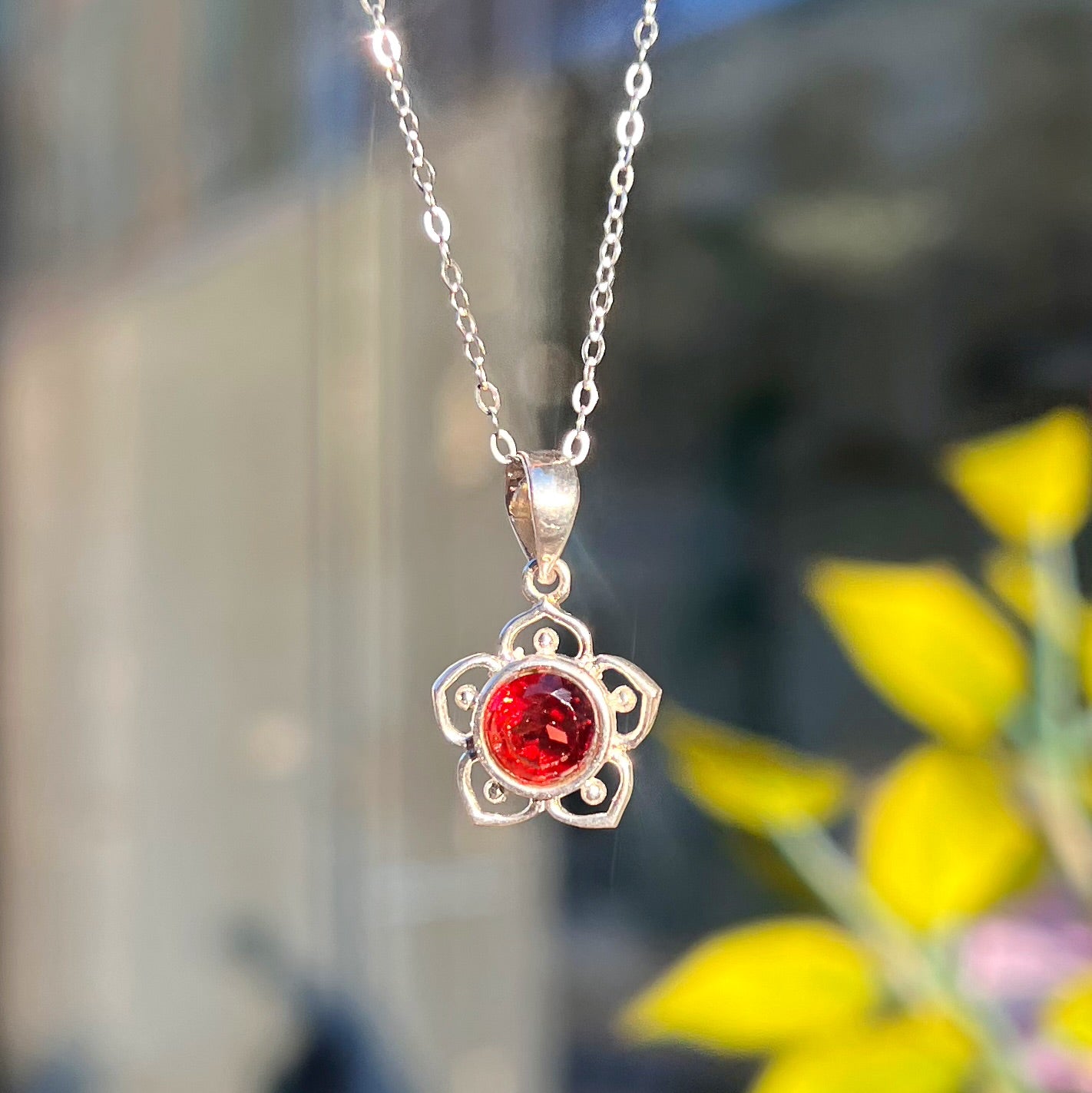 Sweet Sterling Silver Dainty Red Garnet Flower Necklace