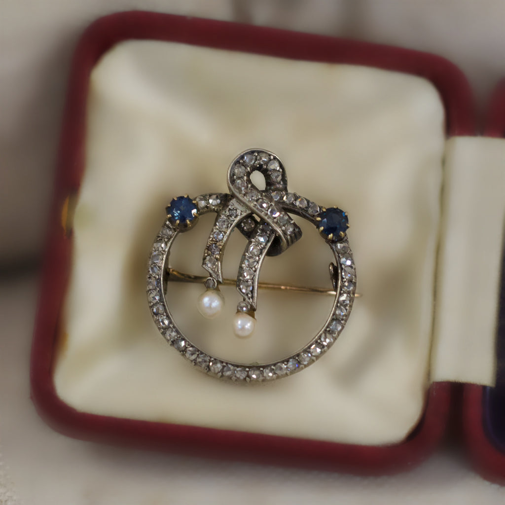 Victorian Sapphire, Pearl and Rose Cut Diamond Brooch