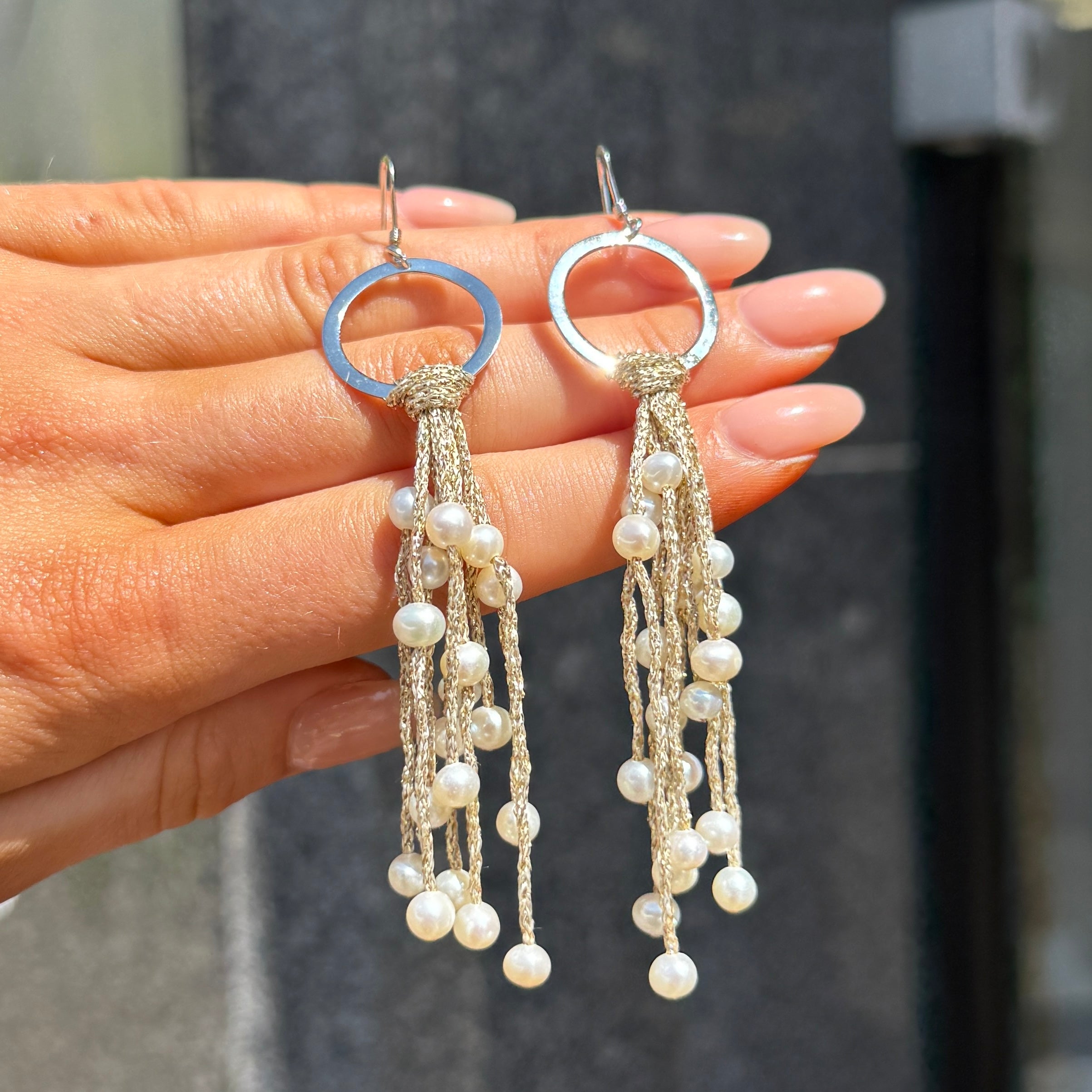 Gold Thread Freshwater Pearl Sterling Silver Tassel Drop Earrings