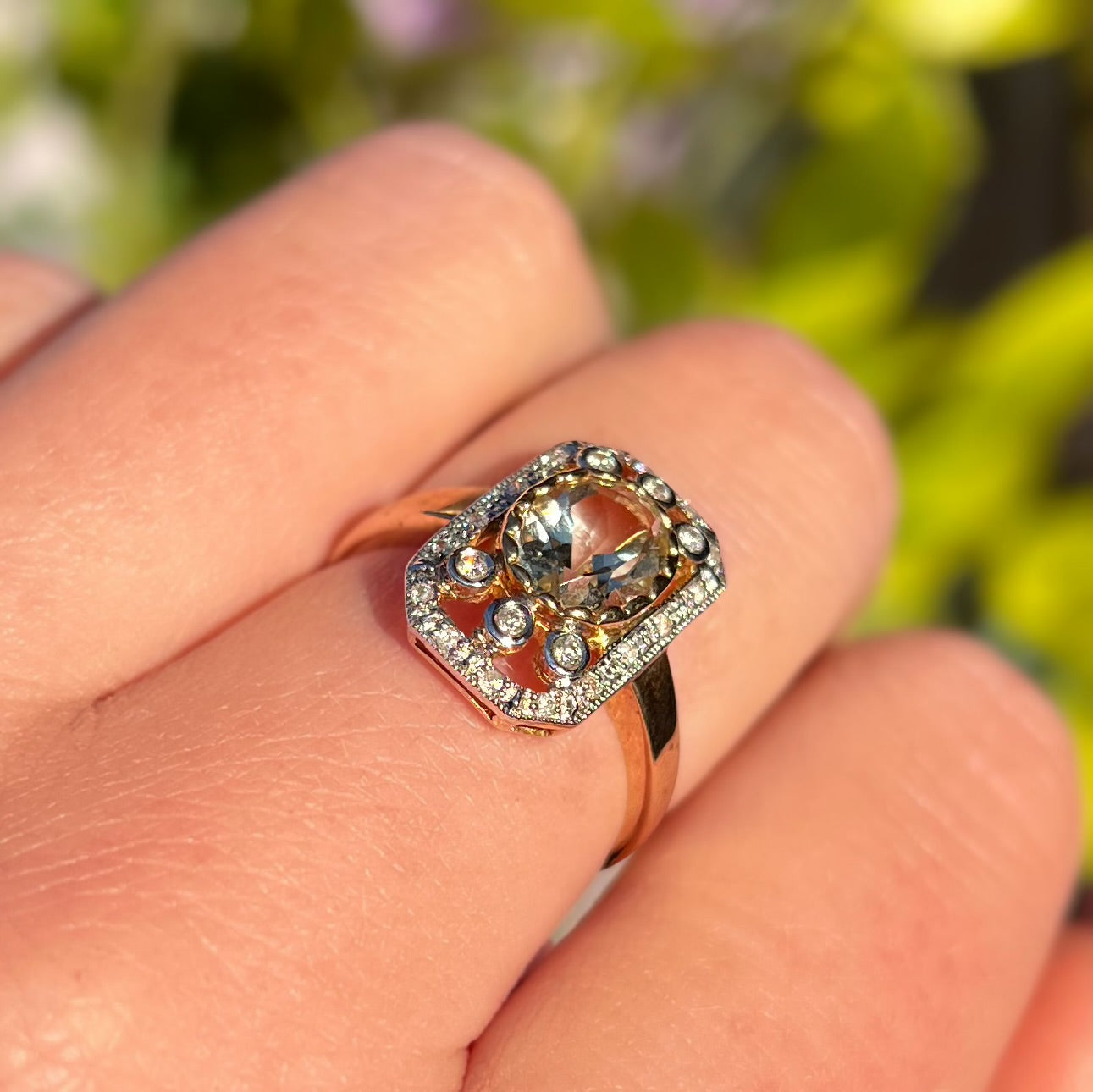 Art Deco Inspired Green Amethyst and Diamond 9ct Yellow Gold Ring | Size M