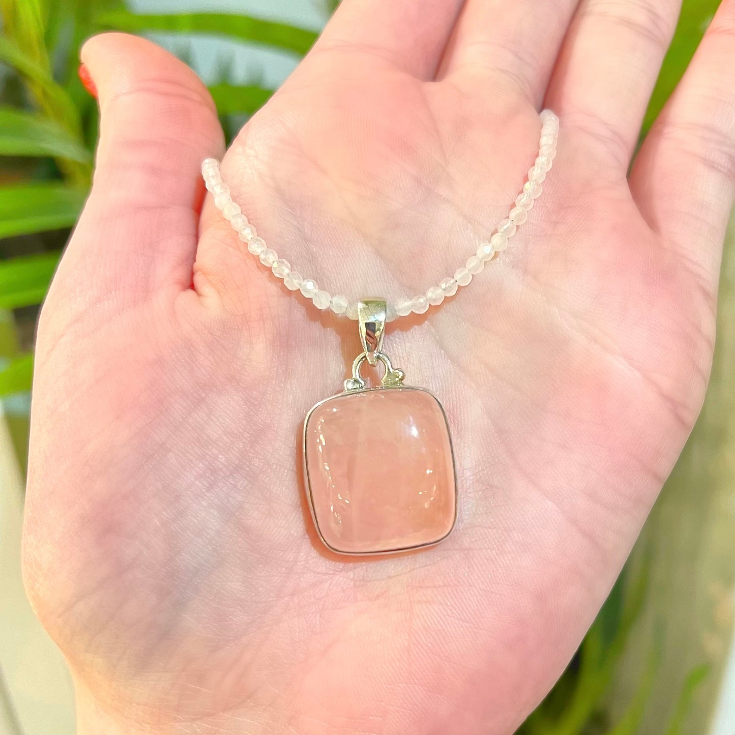 Sterling Silver Pink Square Rose Quartz Beaded Necklace