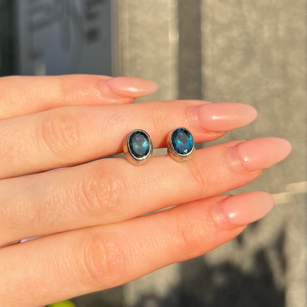 Oval Cut London Blue Topaz Sterling Silver Stud Earrings