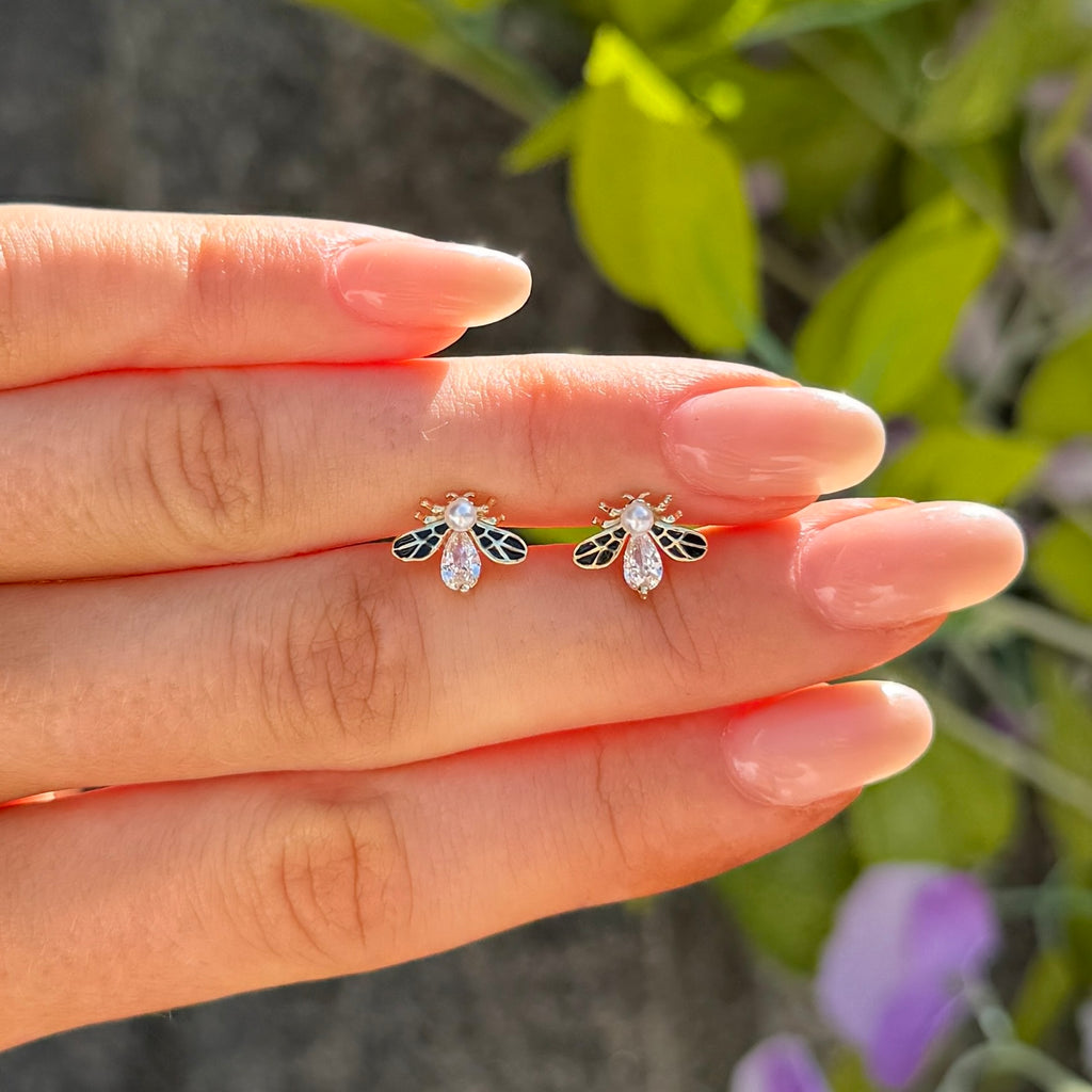 Pearl & Cubic Zirconia Bee Sterling Silver Stud Earrings