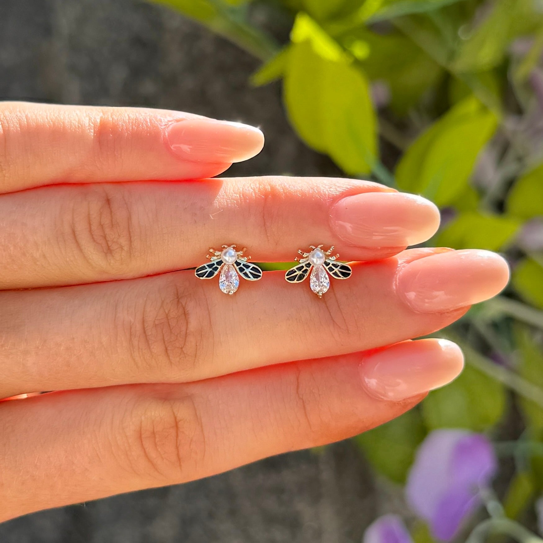 Pearl & Cubic Zirconia Bee Sterling Silver Stud Earrings