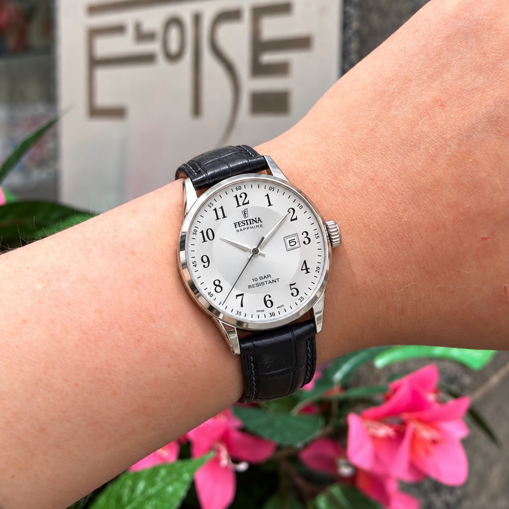 Festina | Swiss Steel Silver Dial Black Leather Strap Watch | Ladies