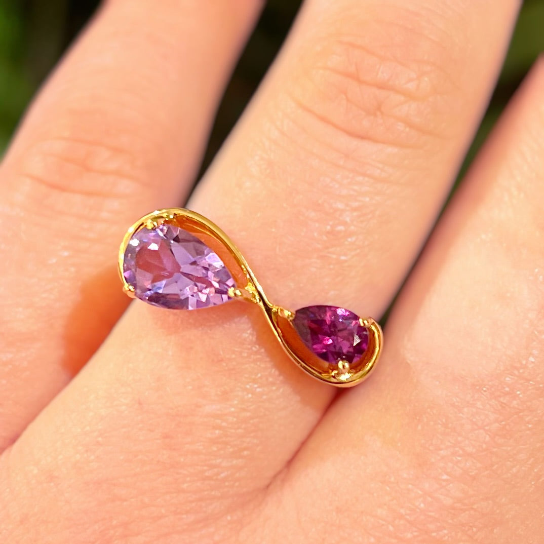 Unique & Co. Gold Burgundy & Lilac Infinity ‘Toi et Moi’ Ring - Size M ½