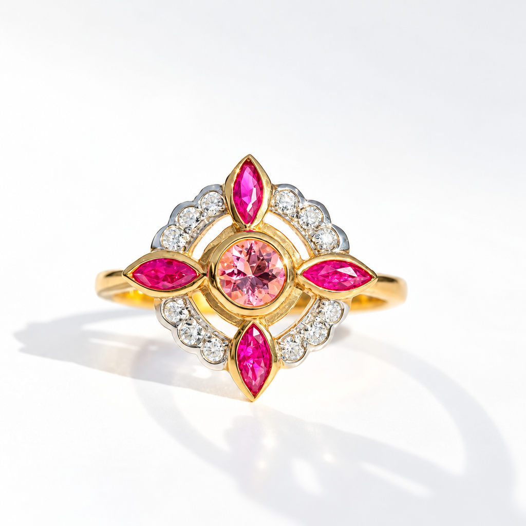 Edwardian Reproduction Pink Tourmaline, Ruby and Diamond 9ct Yellow Gold Ring | Size O
