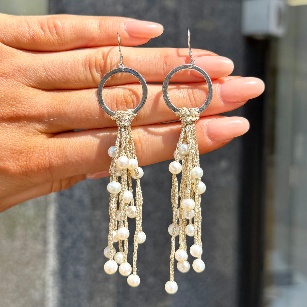 Gold Thread Freshwater Pearl Sterling Silver Tassel Drop Earrings
