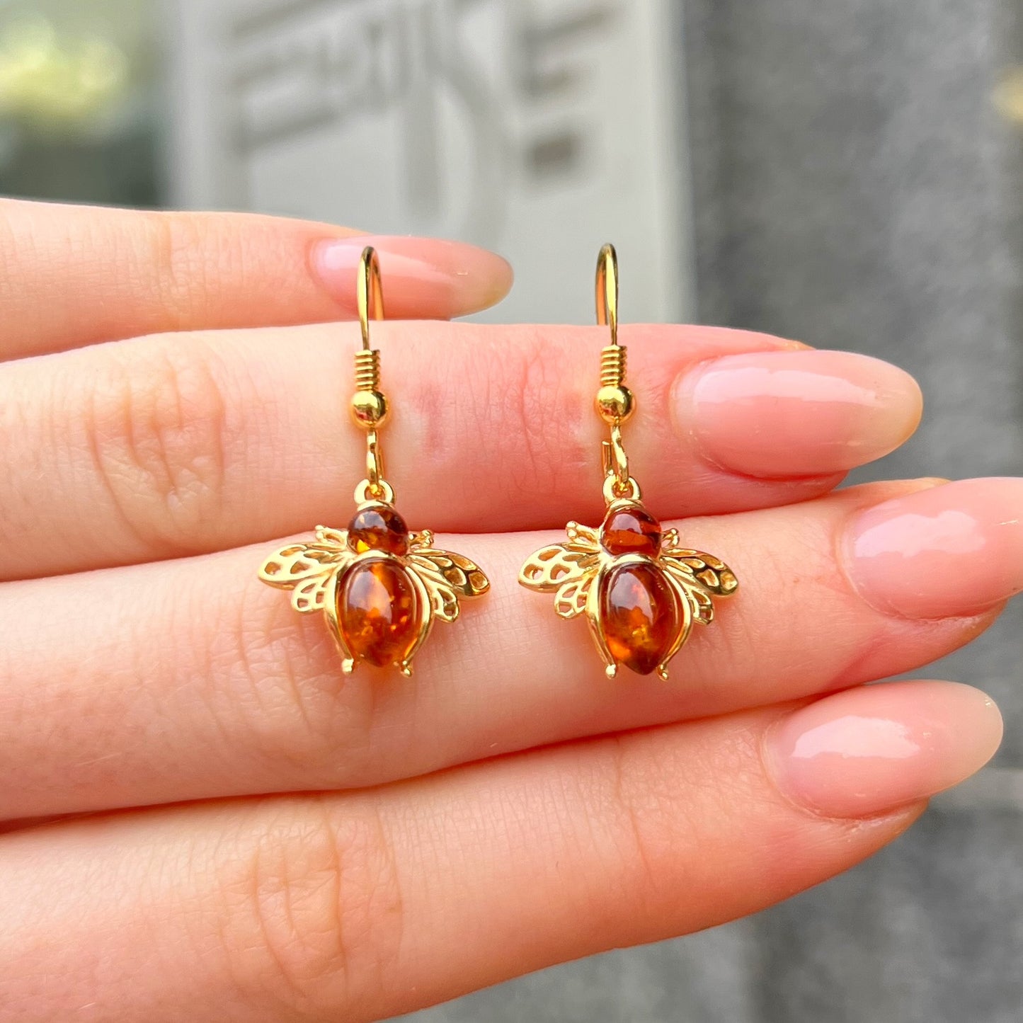 9ct Gold Plated Orange Amber Bee Design Drop Earrings