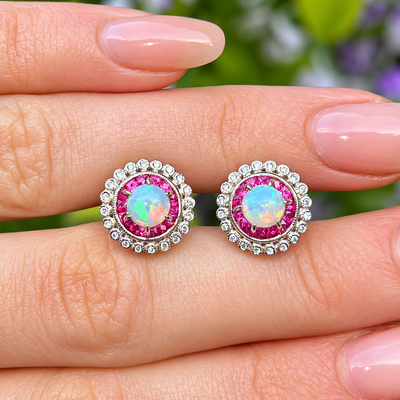 Ruby, Diamond & Opal 18ct White Gold Halo Stud Earrings