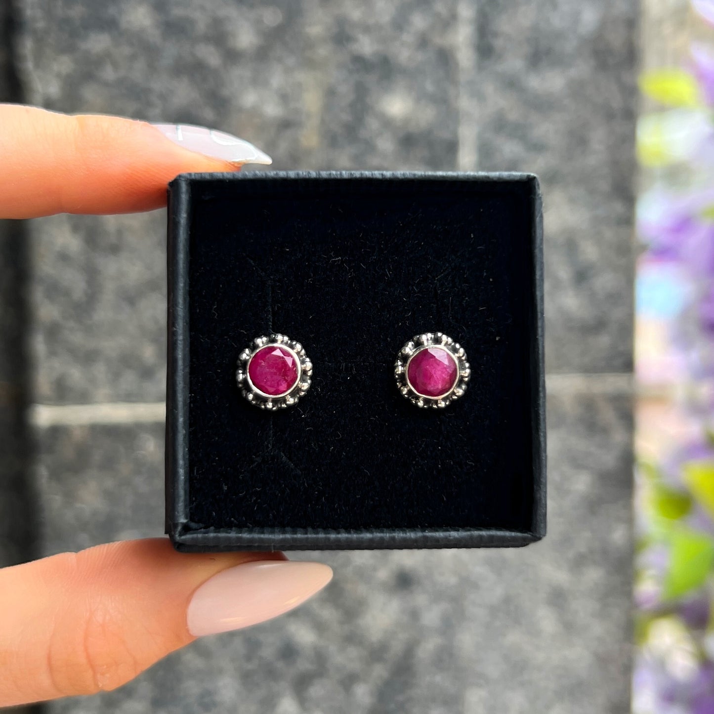 Brilliant Cut Bohemian Bezel Set Sterling Silver Red Ruby Stud Earrings