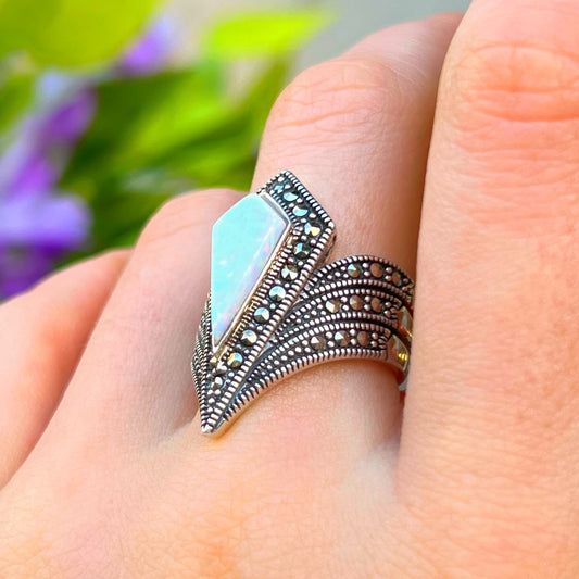 Unique Sterling Silver Opal & Marcasite Ring - Size M