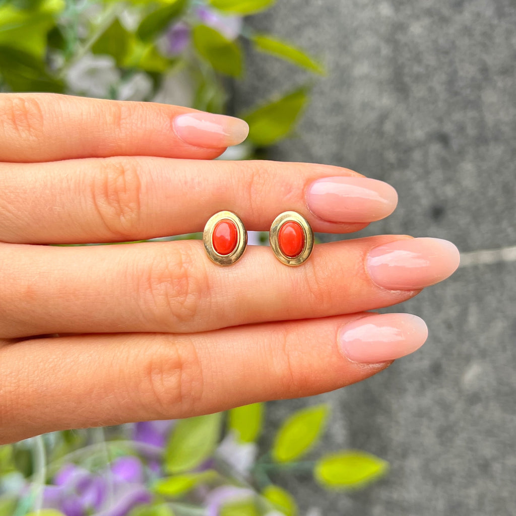 Rare Oval Coral 9ct Yellow Gold Stud Earrings