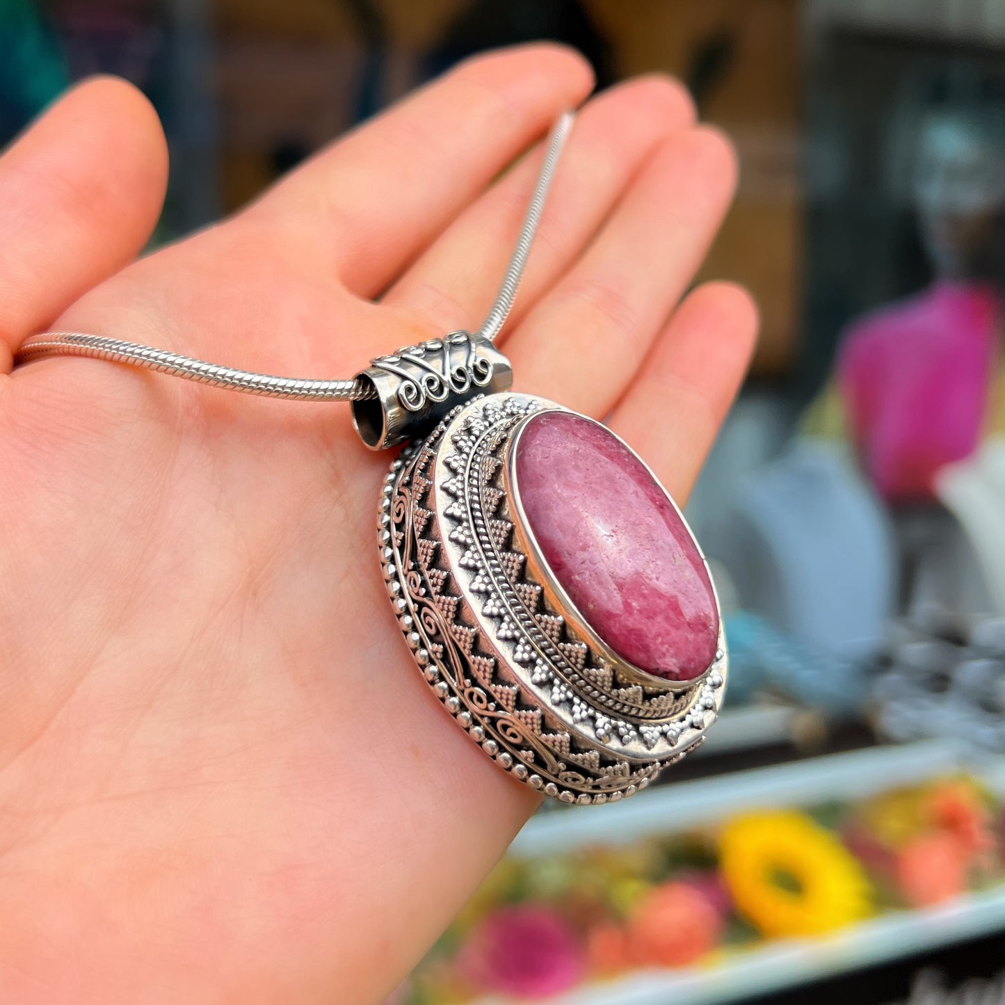 Ornate Bohemian Chunky XL Sterling Silver Red Ruby Pendant & Chain