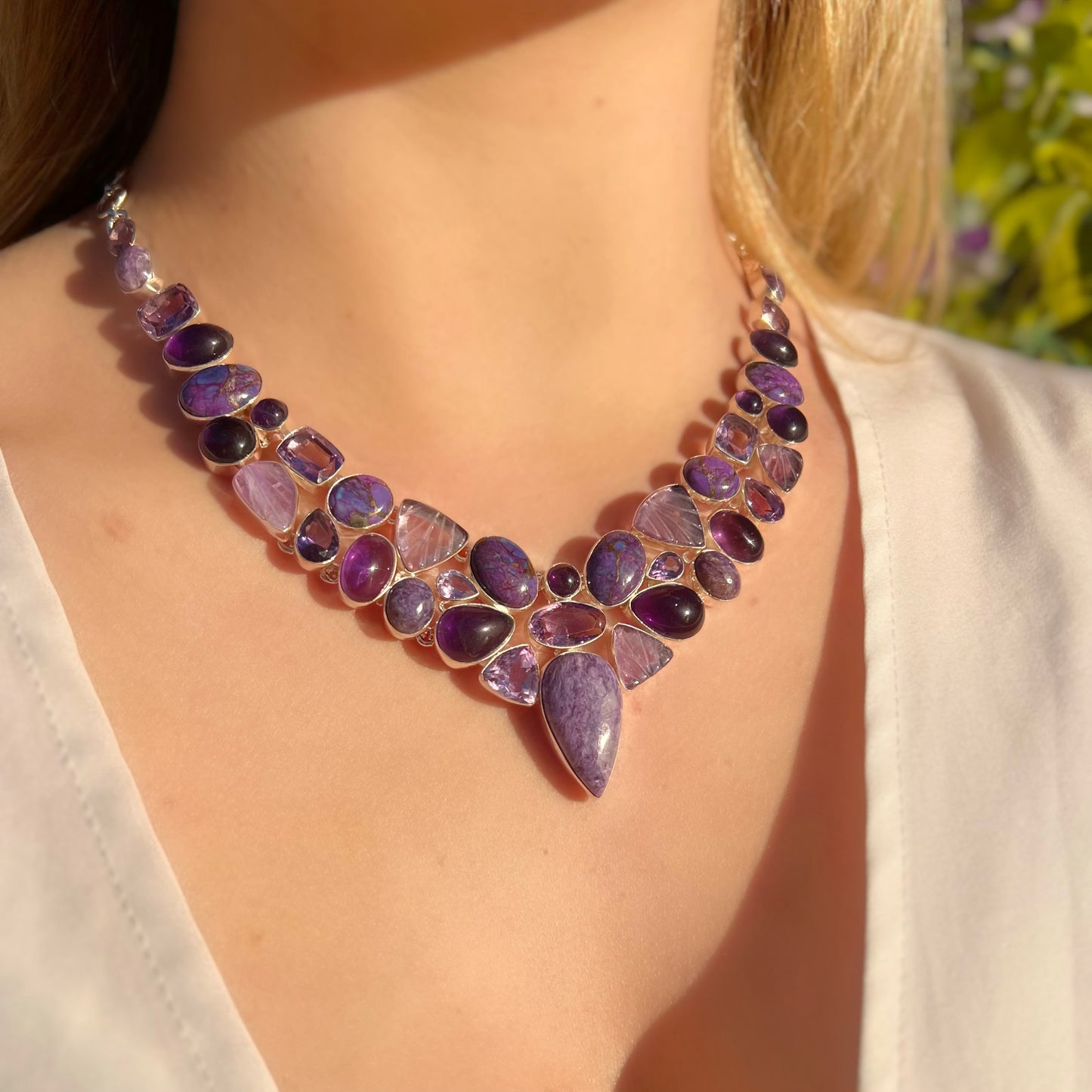 Chunky Sterling Silver Amethyst, Mohave Turquoise and Charoite Statement Necklace