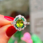 Art Deco Reproduction Peridot, Emerald and Diamond 9ct White Gold Ring | Size M ½