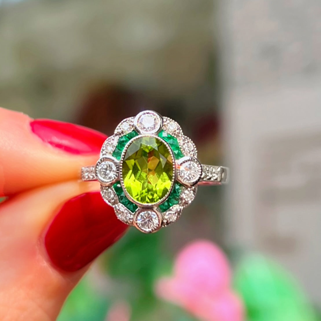 Art Deco Reproduction Peridot, Emerald and Diamond 9ct White Gold Ring | Size M ½