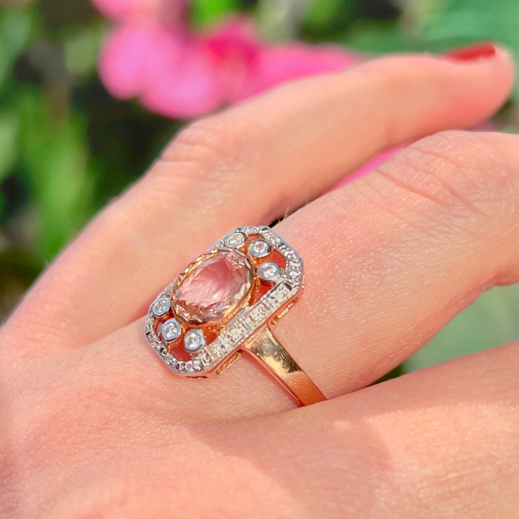 Art Deco Inspired Morganite and Diamond 9ct Rose Gold Ring | Size N ½