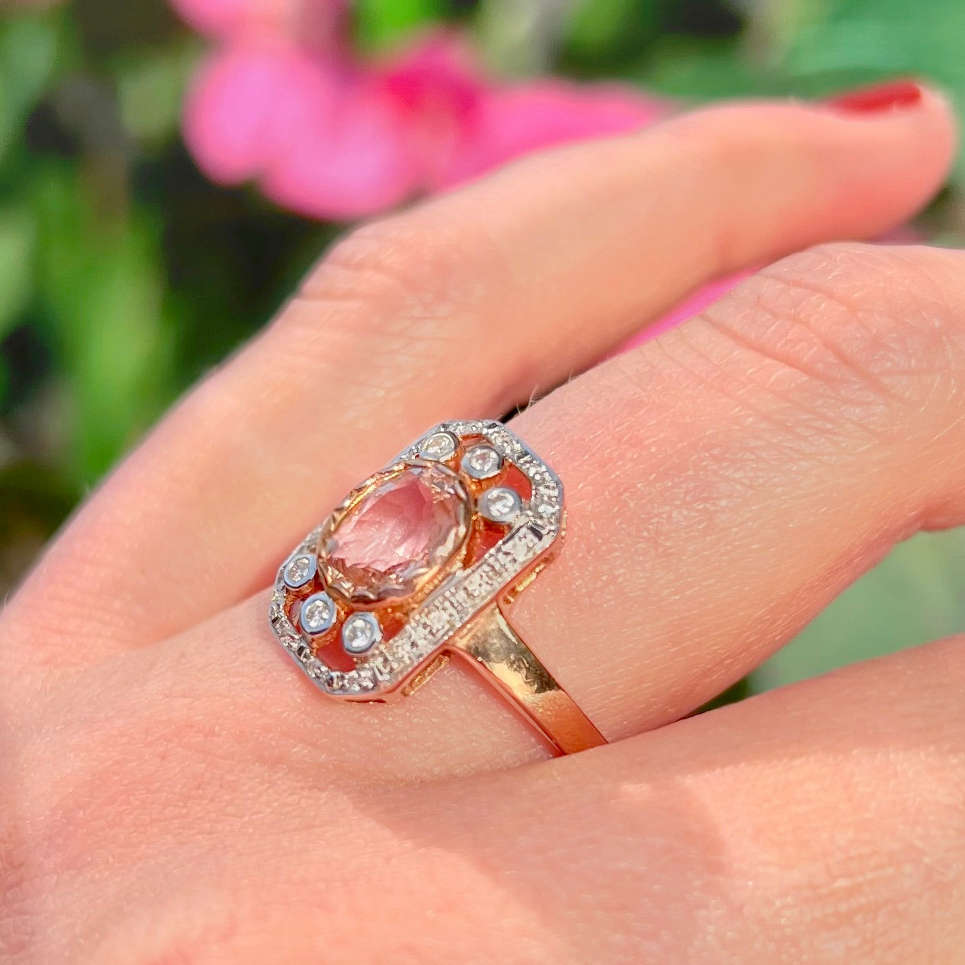 Art Deco Inspired Morganite and Diamond 9ct Rose Gold Ring | Size N ½