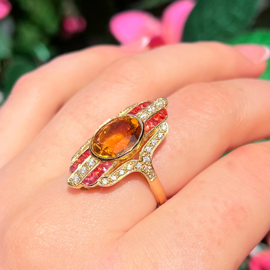 'The Soleil' Citrine, Orange Sapphire and Diamond 18ct Yellow Gold Cocktail Ring | Size M ½
