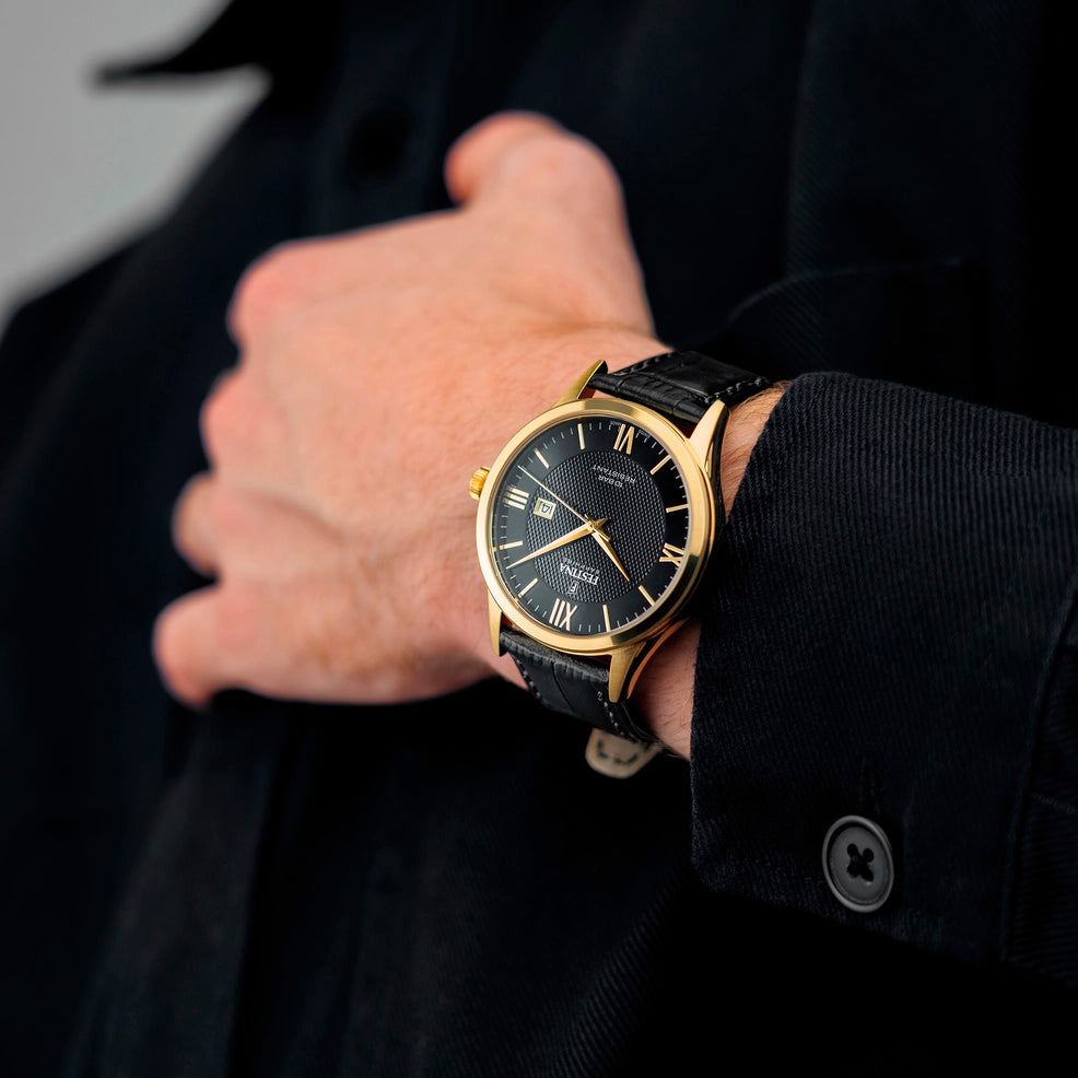 Festina Gents Swiss Gold Steel Black Dial Black Leather Strap Watch