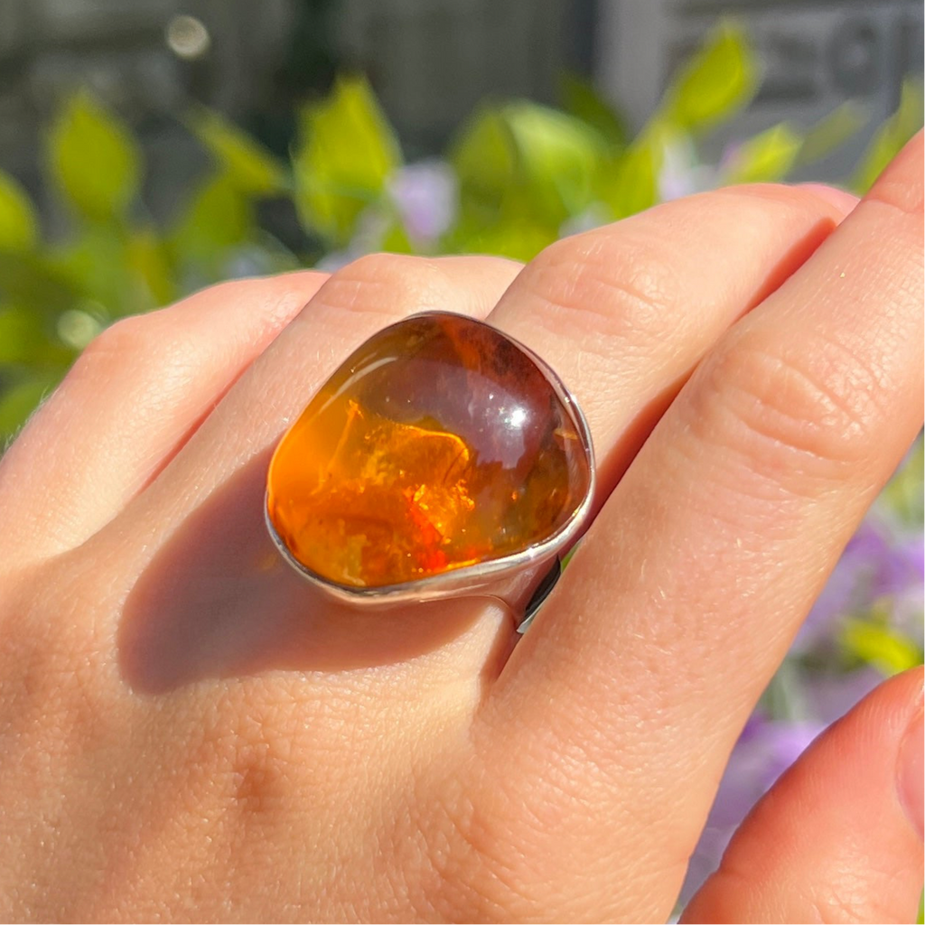 Orange Amber Sterling Silver Super Chunky Ring | Adjustable Size