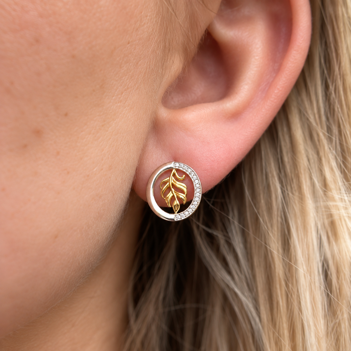 Ladies Cubic Zirconia Sterling Silver and Gold Plated Leaf Stud Earrings
