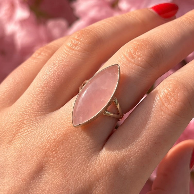 Rose Quartz Sterling Silver Marquise Cut Ring | Size Q
