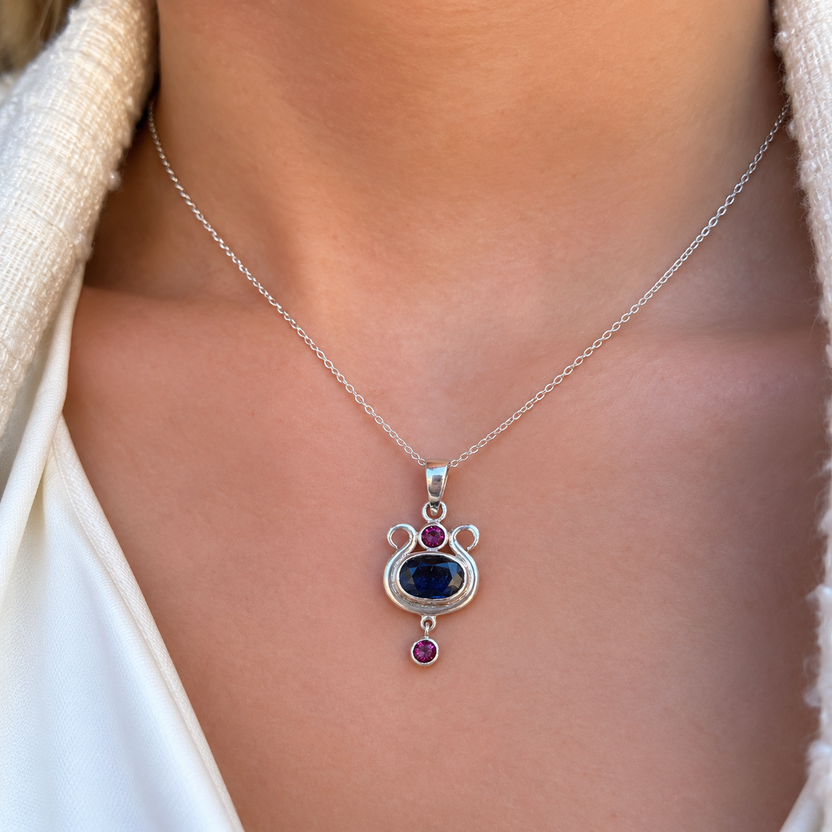 Unique Handmade Sapphire & Tourmaline Sterling Silver Pendant & Chain
