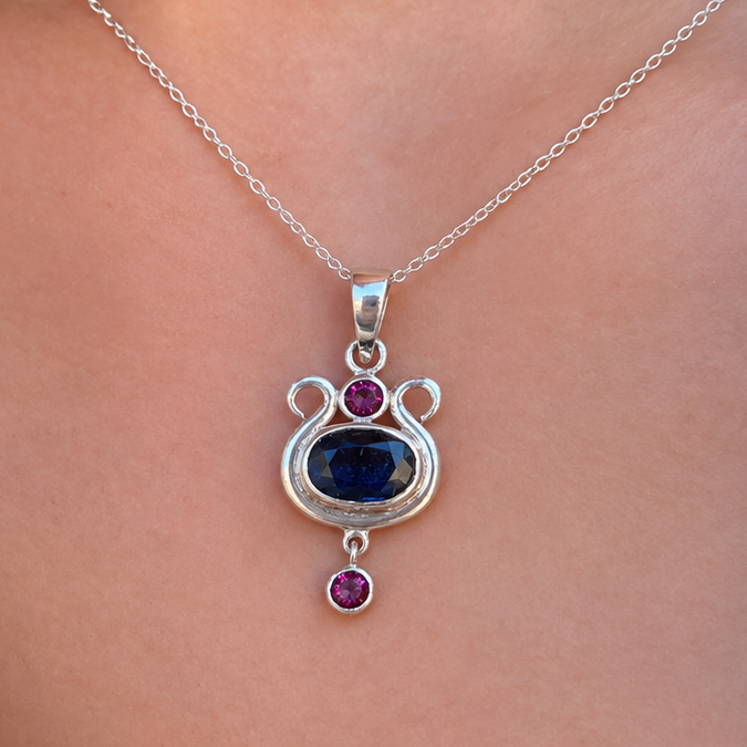 Unique Handmade Sapphire & Tourmaline Sterling Silver Pendant & Chain