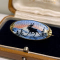 Vintage Gold on Silver Scandinavian Winter Scene Enamel Brooch