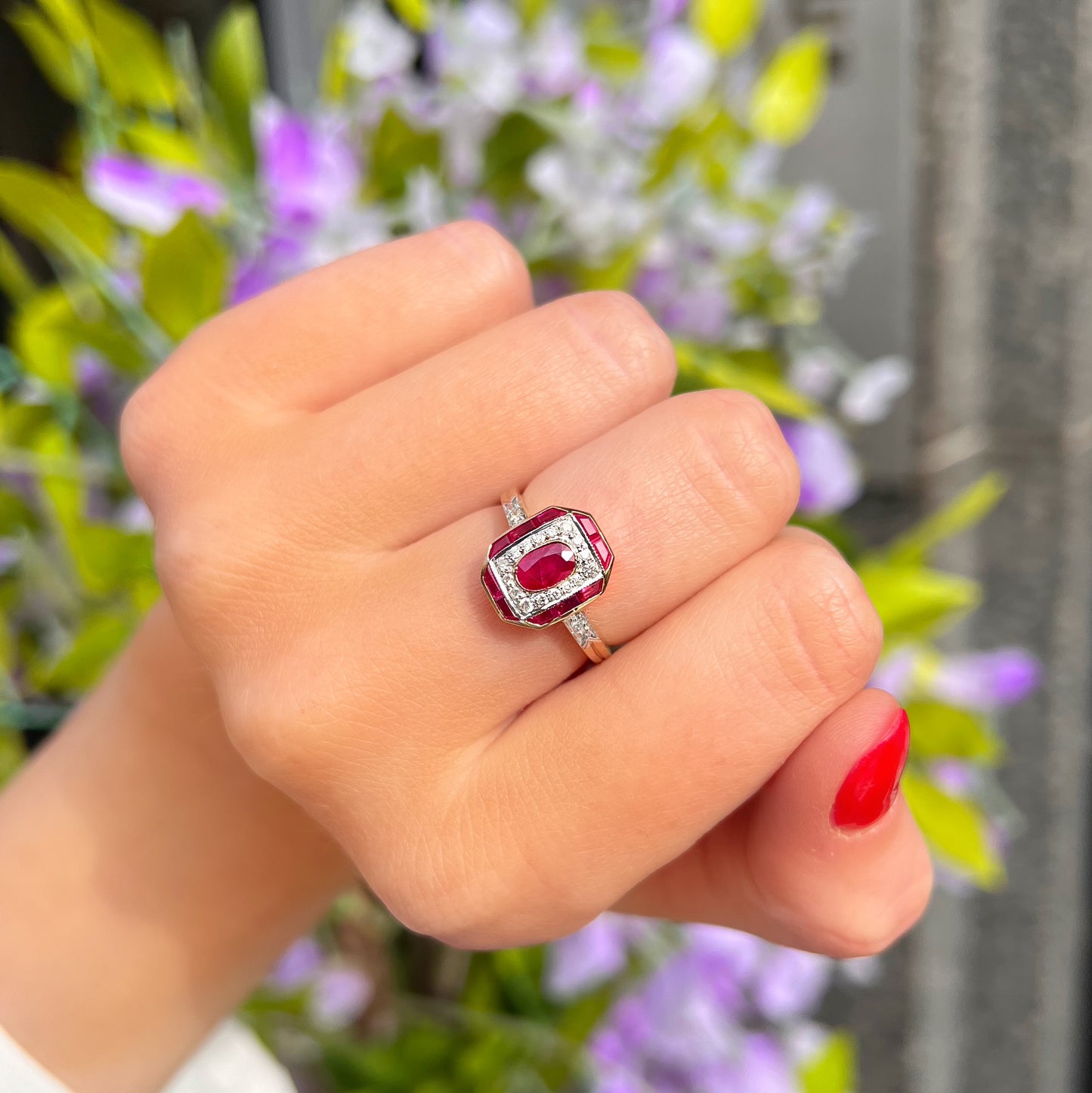 Art Deco Inspired 9ct Yellow Gold Red Ruby and Diamond Ring - Size O